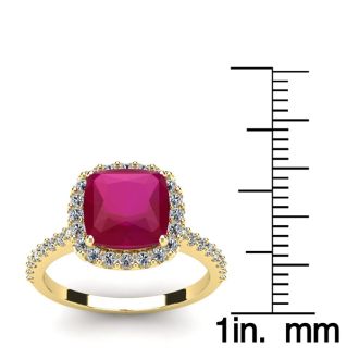 3 1/2 Carat Cushion Cut Ruby and Halo Diamond Ring In 14K Yellow Gold