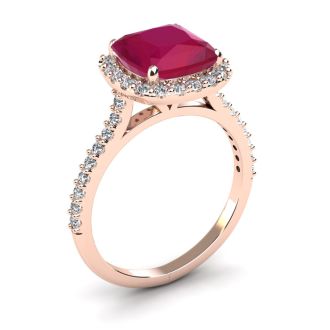 3 1/2 Carat Cushion Cut Ruby and Halo Diamond Ring In 14K Rose Gold