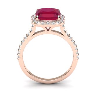 3 1/2 Carat Cushion Cut Ruby and Halo Diamond Ring In 14K Rose Gold
