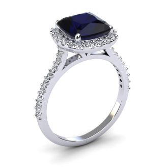 3 1/2 Carat Cushion Cut Sapphire and Halo Diamond Ring In 14K White Gold