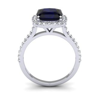 3 1/2 Carat Cushion Cut Sapphire and Halo Diamond Ring In 14K White Gold