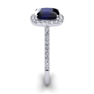 3 1/2 Carat Cushion Cut Sapphire and Halo Diamond Ring In 14K White Gold