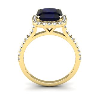 3 1/2 Carat Cushion Cut Sapphire and Halo Diamond Ring In 14K Yellow Gold
