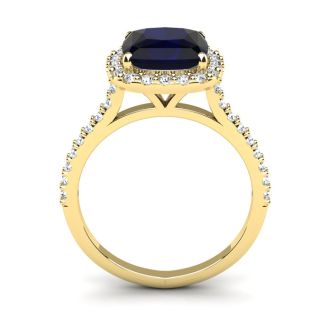 3 1/2 Carat Cushion Cut Sapphire and Halo Diamond Ring In 14K Yellow Gold