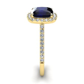 3 1/2 Carat Cushion Cut Sapphire and Halo Diamond Ring In 14K Yellow Gold