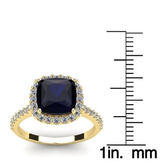 3 1/2 Carat Cushion Cut Sapphire and Halo Diamond Ring In 14K Yellow Gold