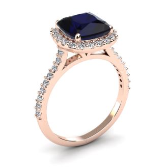 3 1/2 Carat Cushion Cut Sapphire and Halo Diamond Ring In 14K Rose Gold