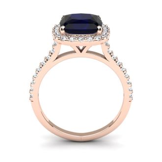 3 1/2 Carat Cushion Cut Sapphire and Halo Diamond Ring In 14K Rose Gold