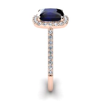 3 1/2 Carat Cushion Cut Sapphire and Halo Diamond Ring In 14K Rose Gold