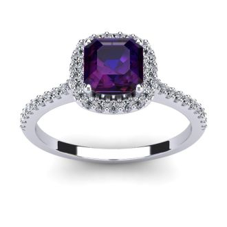 1 Carat Cushion Cut Amethyst and Halo Diamond Ring In 14K White Gold