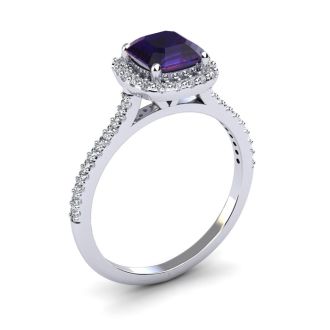 1 Carat Cushion Cut Amethyst and Halo Diamond Ring In 14K White Gold