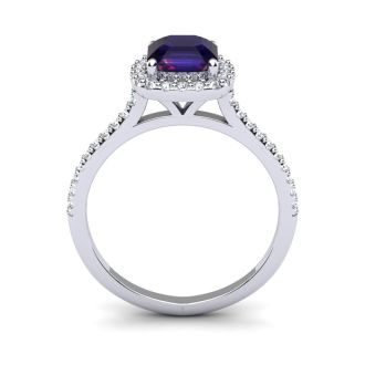 1 Carat Cushion Cut Amethyst and Halo Diamond Ring In 14K White Gold