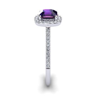 1 Carat Cushion Cut Amethyst and Halo Diamond Ring In 14K White Gold