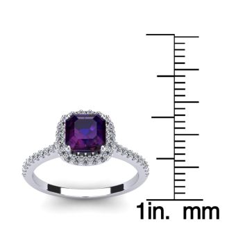 1 Carat Cushion Cut Amethyst and Halo Diamond Ring In 14K White Gold