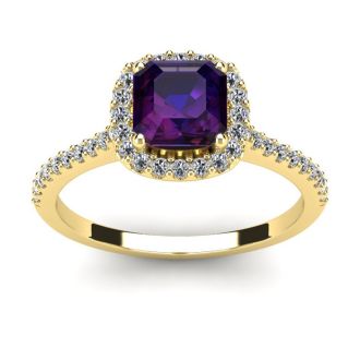 1 Carat Cushion Cut Amethyst and Halo Diamond Ring In 14K Yellow Gold