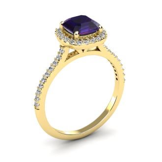 1 Carat Cushion Cut Amethyst and Halo Diamond Ring In 14K Yellow Gold