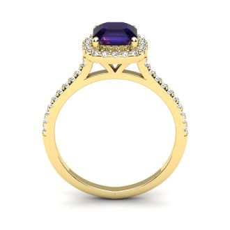 1 Carat Cushion Cut Amethyst and Halo Diamond Ring In 14K Yellow Gold