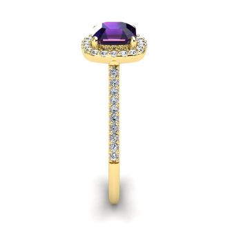 1 Carat Cushion Cut Amethyst and Halo Diamond Ring In 14K Yellow Gold
