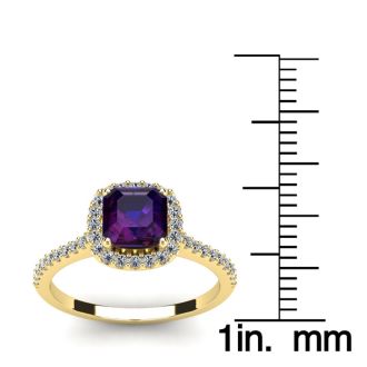1 Carat Cushion Cut Amethyst and Halo Diamond Ring In 14K Yellow Gold