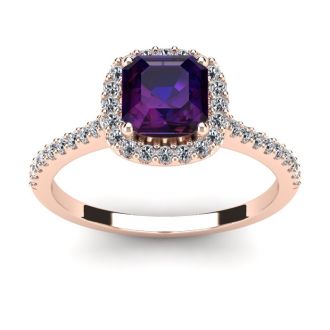 1 Carat Cushion Cut Amethyst and Halo Diamond Ring In 14K Rose Gold