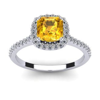 1 Carat Cushion Cut Citrine and Halo Diamond Ring In 14K White Gold