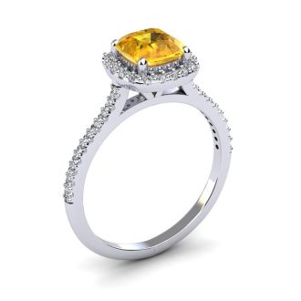 1 Carat Cushion Cut Citrine and Halo Diamond Ring In 14K White Gold