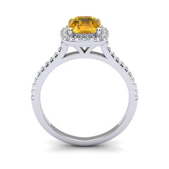 1 Carat Cushion Cut Citrine and Halo Diamond Ring In 14K White Gold