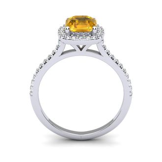 1 Carat Cushion Cut Citrine and Halo Diamond Ring In 14K White Gold