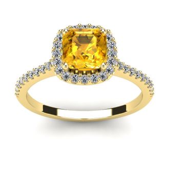 1 Carat Cushion Cut Citrine and Halo Diamond Ring In 14K Yellow Gold
