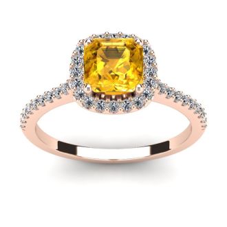 1 Carat Cushion Cut Citrine and Halo Diamond Ring In 14K Rose Gold