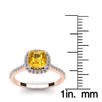 1 Carat Cushion Cut Citrine and Halo Diamond Ring In 14K Rose Gold