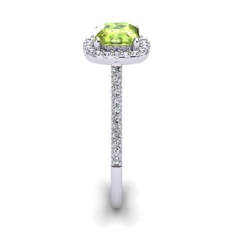 1 1/2 Carat Cushion Cut Peridot and Halo Diamond Ring In 14K White Gold
