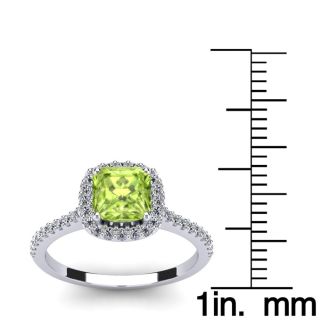 1 1/2 Carat Cushion Cut Peridot and Halo Diamond Ring In 14K White Gold