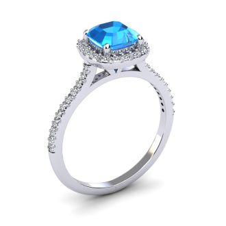 1 1/2 Carat Cushion Cut Blue Topaz and Halo Diamond Ring In 14K White Gold