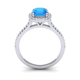 1 1/2 Carat Cushion Cut Blue Topaz and Halo Diamond Ring In 14K White Gold