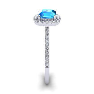 1 1/2 Carat Cushion Cut Blue Topaz and Halo Diamond Ring In 14K White Gold