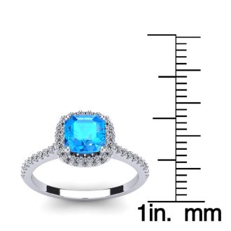 1 1/2 Carat Cushion Cut Blue Topaz and Halo Diamond Ring In 14K White Gold