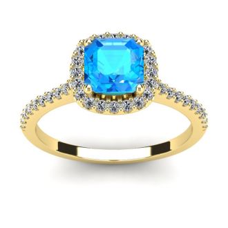 1 1/2 Carat Cushion Cut Blue Topaz and Halo Diamond Ring In 14K Yellow Gold