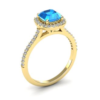 1 1/2 Carat Cushion Cut Blue Topaz and Halo Diamond Ring In 14K Yellow Gold