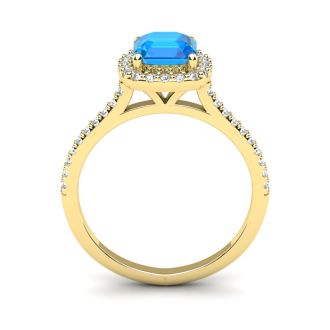 1 1/2 Carat Cushion Cut Blue Topaz and Halo Diamond Ring In 14K Yellow Gold