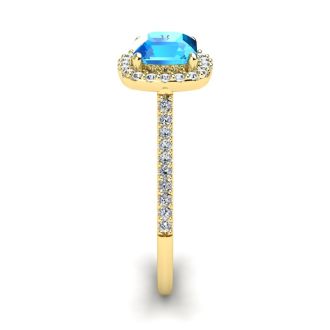 1 1/2 Carat Cushion Cut Blue Topaz and Halo Diamond Ring In 14K Yellow Gold