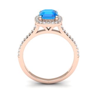 1 1/2 Carat Cushion Cut Blue Topaz and Halo Diamond Ring In 14K Rose Gold