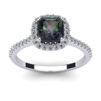 1 1/2 Carat Cushion Cut Mystic Topaz and Halo Diamond Ring In 14K White Gold