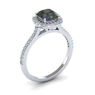 1 1/2 Carat Cushion Cut Mystic Topaz and Halo Diamond Ring In 14K White Gold
