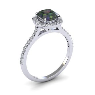 1-1/2 Carat Cushion Shape Mystic Topaz Ring With Diamond Halo In 14 Karat White Gold
