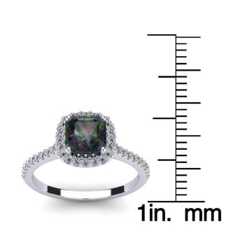 1-1/2 Carat Cushion Shape Mystic Topaz Ring With Diamond Halo In 14 Karat White Gold