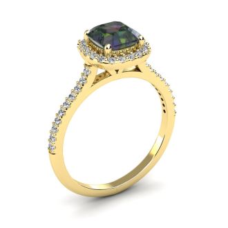 1-1/2 Carat Cushion Shape Mystic Topaz Ring With Diamond Halo In 14 Karat Yellow Gold