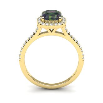 1-1/2 Carat Cushion Shape Mystic Topaz Ring With Diamond Halo In 14 Karat Yellow Gold