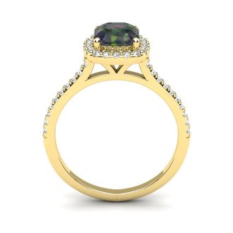 1-1/2 Carat Cushion Shape Mystic Topaz Ring With Diamond Halo In 14 Karat Yellow Gold