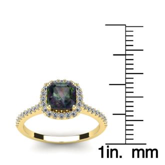 1-1/2 Carat Cushion Shape Mystic Topaz Ring With Diamond Halo In 14 Karat Yellow Gold